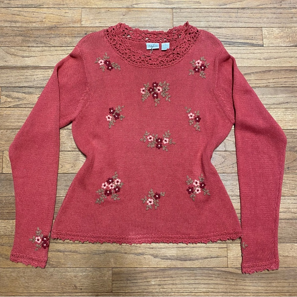 Styleworks Floral Embroidered Salmon Lace Sweater Women’s XL